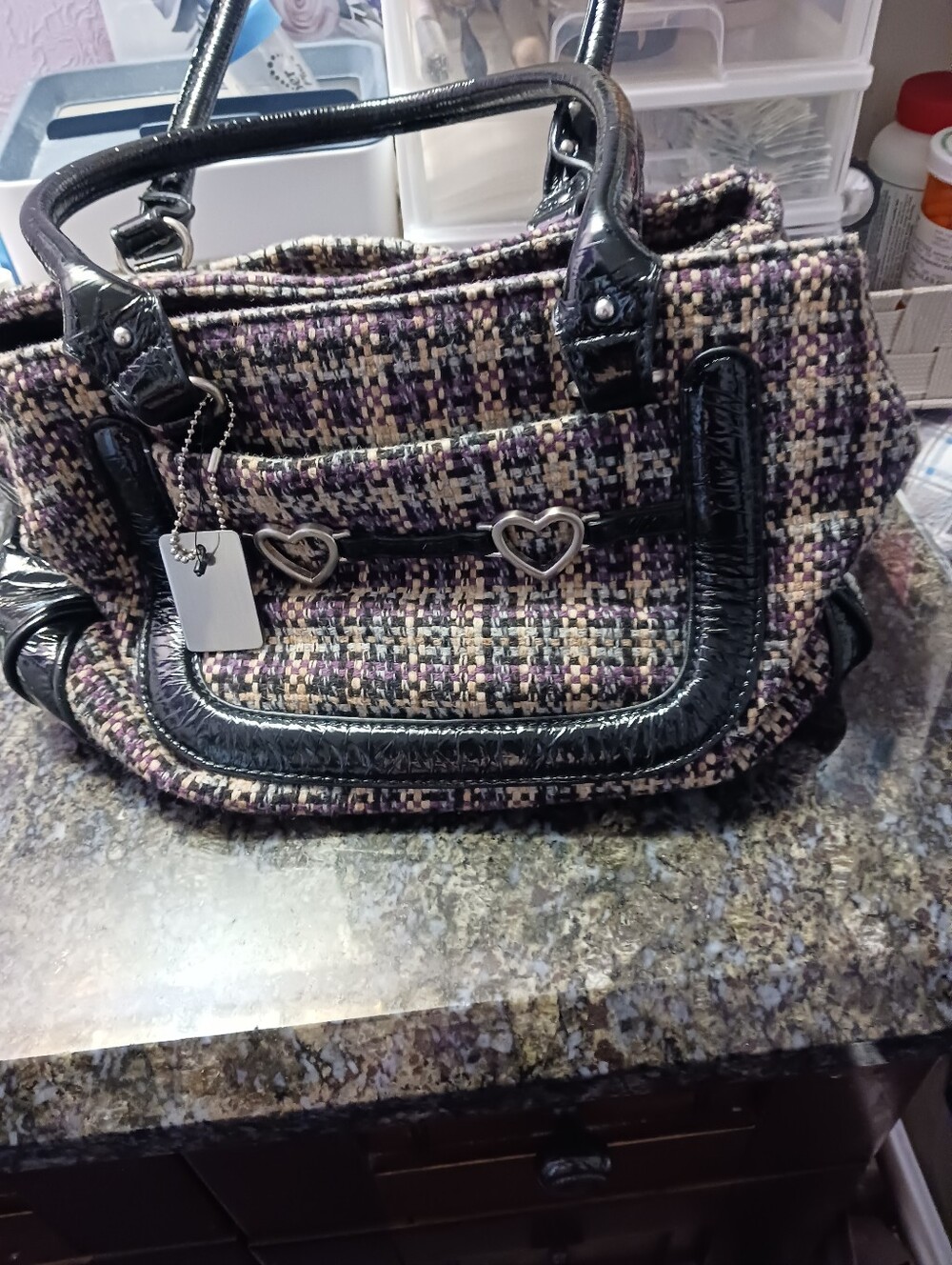 Airoldi Couture Large Plaid Tweed Satchel Handbag Faux Patent &‎ Heart Accent
